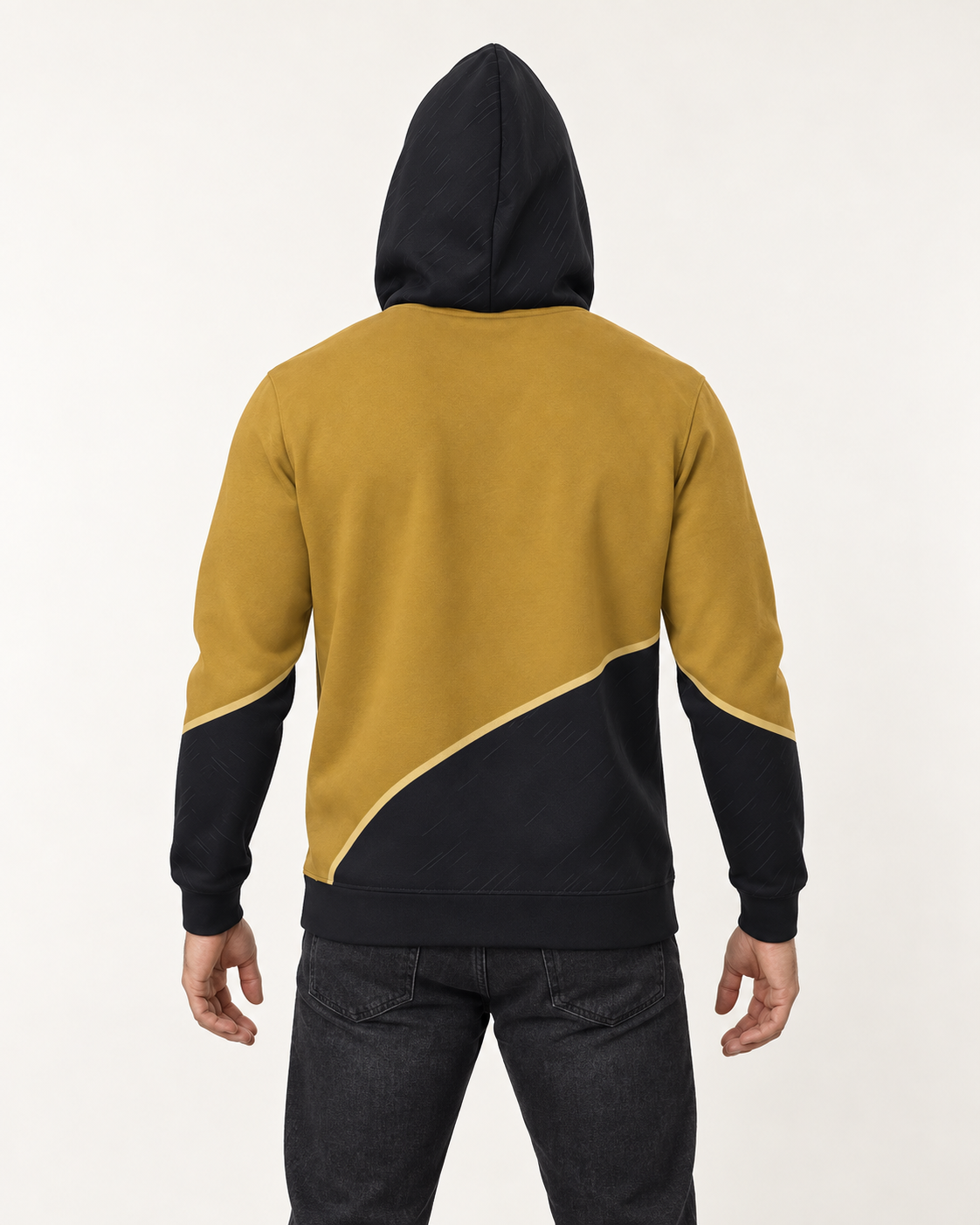 Saffron Charcoal Arc Nero Ponte Hoodie back view — AI-generated styling illustration