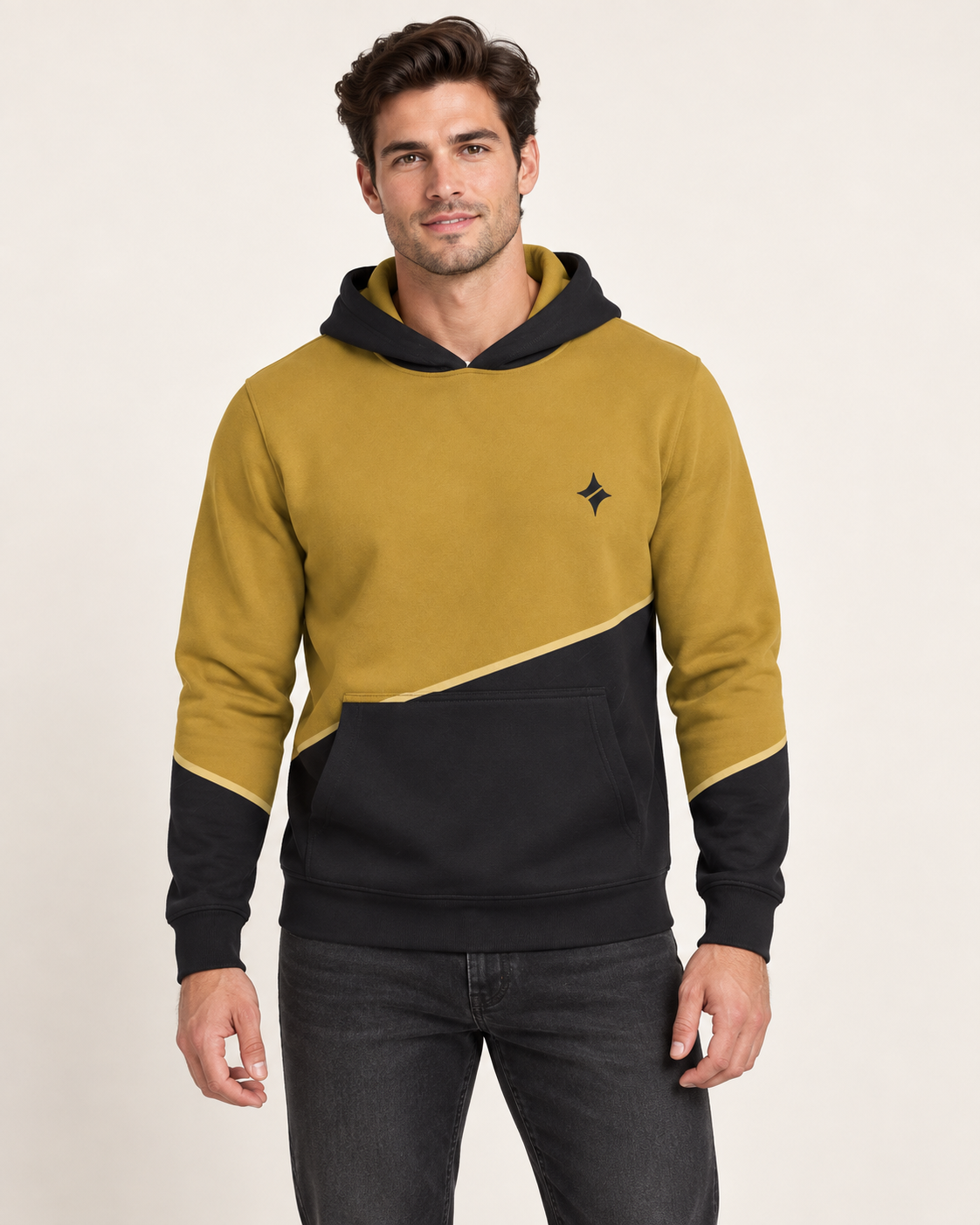 Saffron Charcoal Arc Nero Ponte Hoodie front view — AI-generated styling illustration