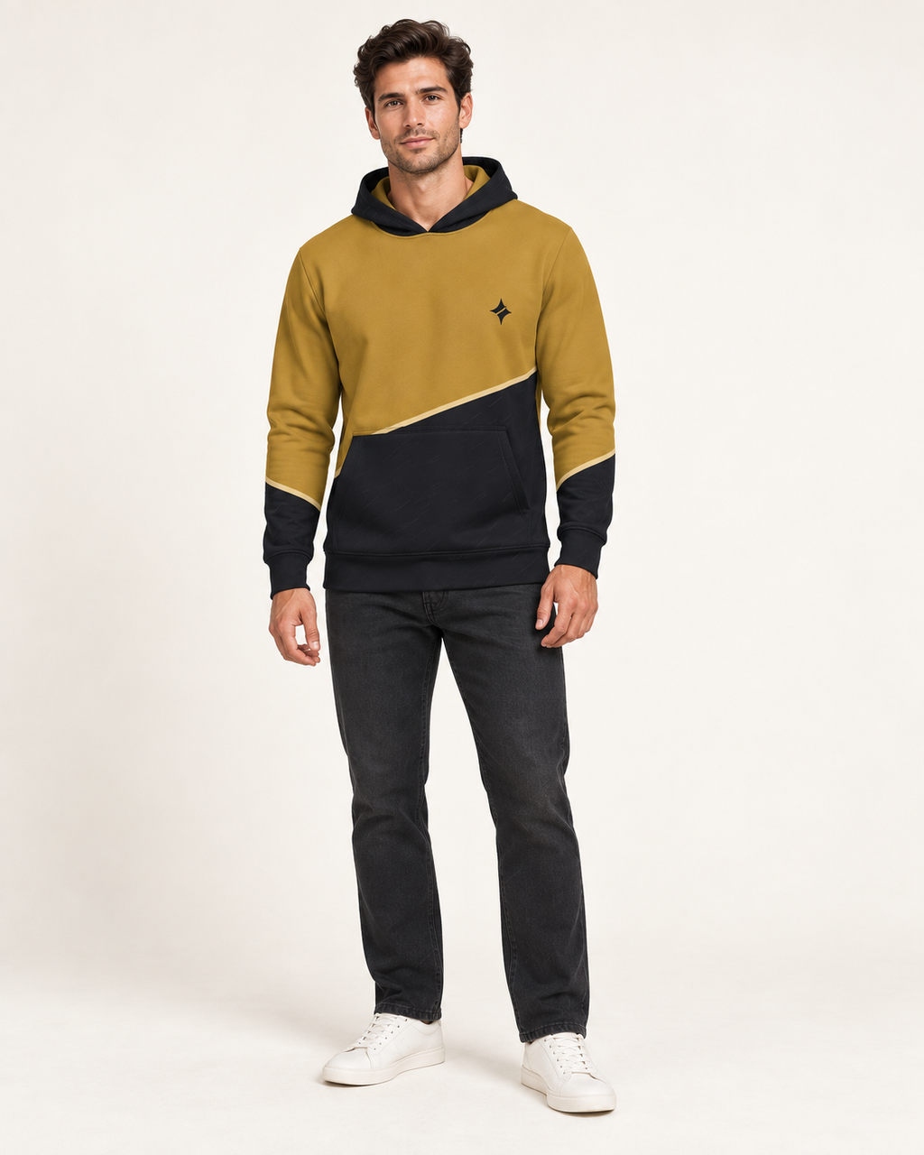 Saffron Charcoal Arc Nero Ponte Hoodie fullbody view — AI-generated styling illustration