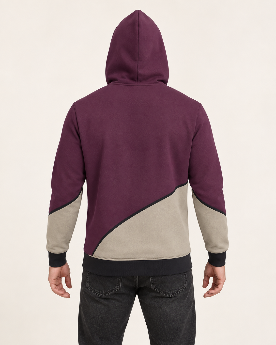 Mulberry Stone Arc Nero Ponte Hoodie back view — AI-generated styling illustration