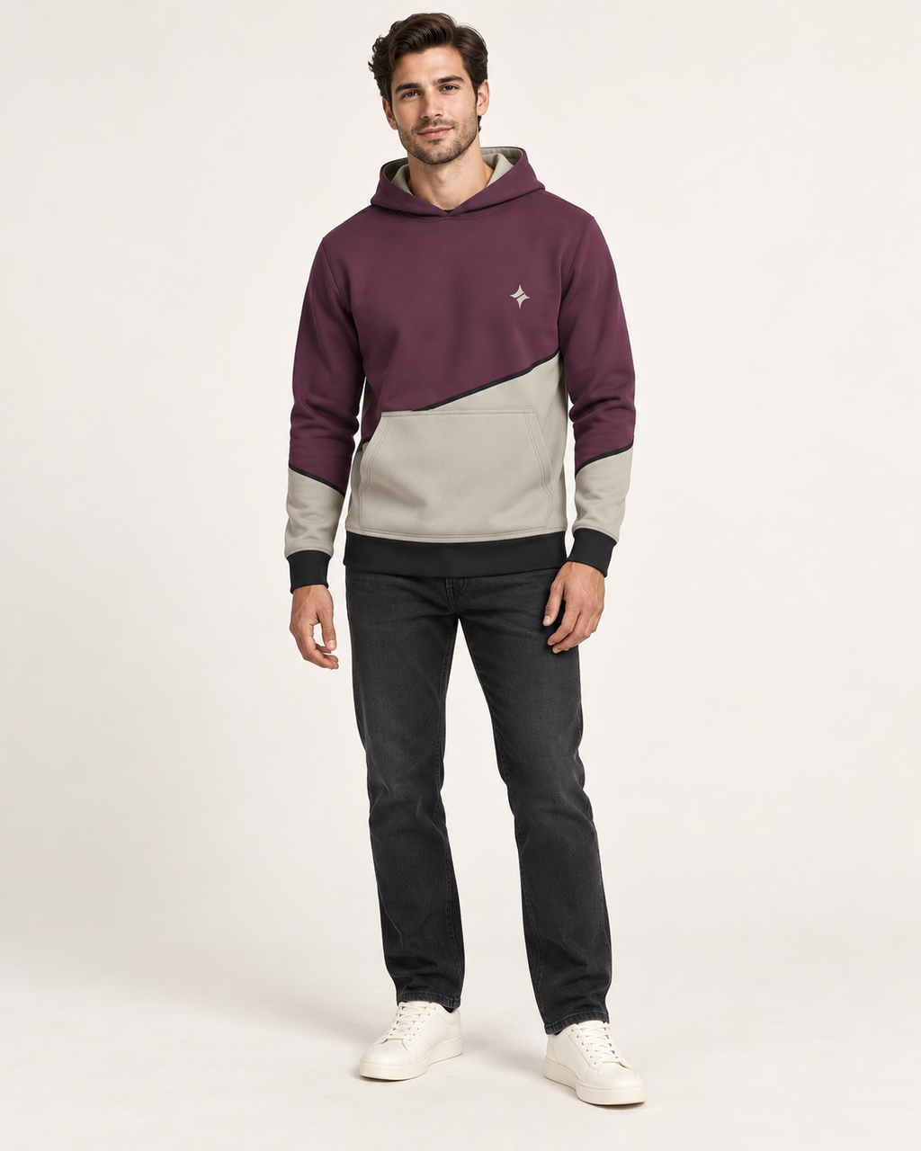 Mulberry Stone Arc Nero Ponte Hoodie full-body styling view — AI-generated styling illustration