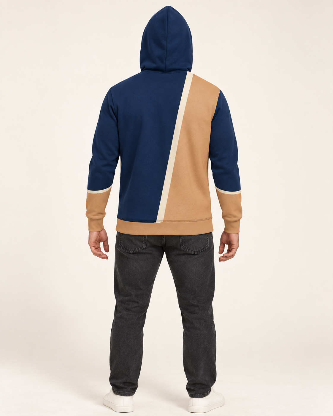 Marine Apricot Oblique Nero Ponte Hoodie back view — AI-generated styling illustration