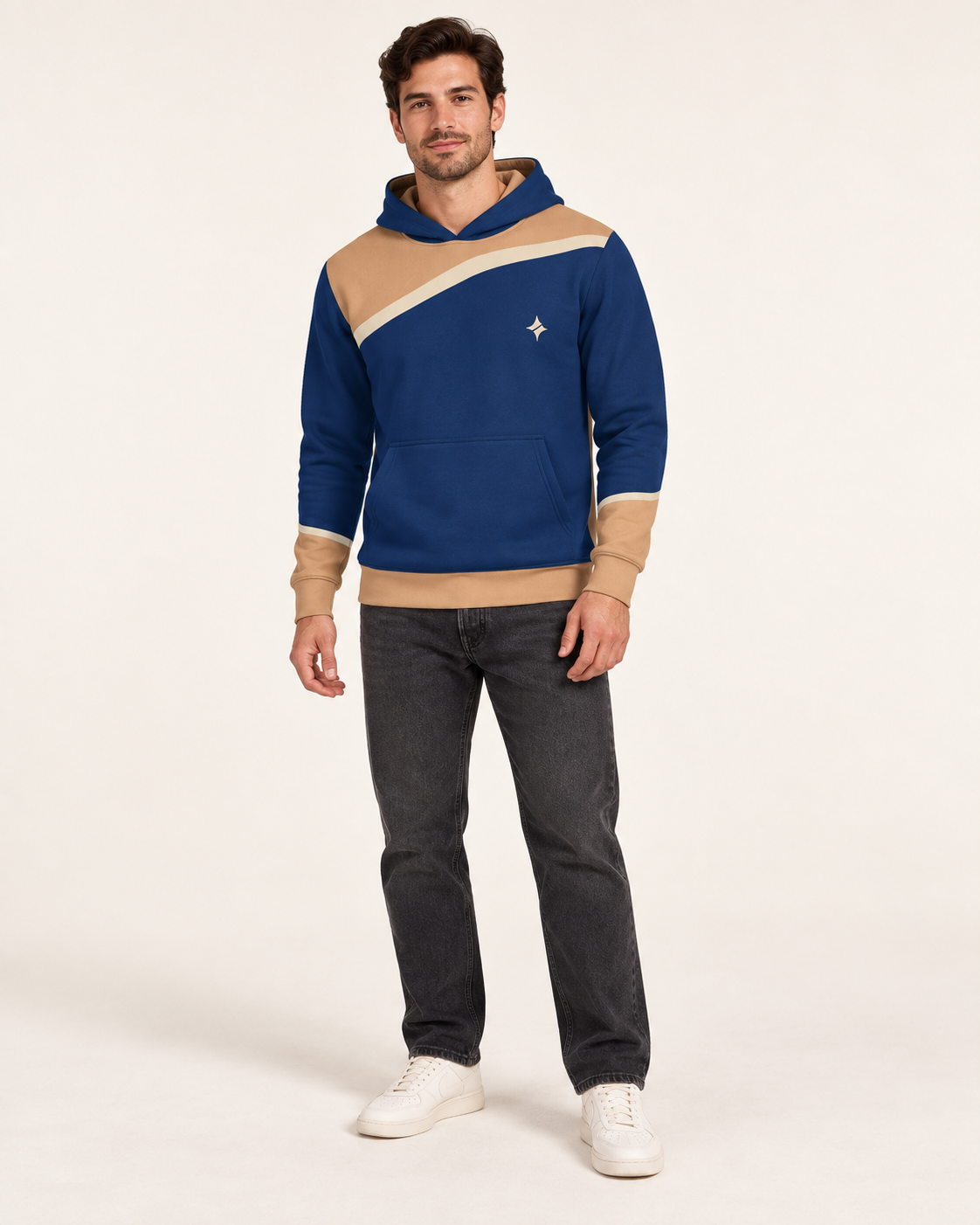 Marine Apricot Oblique Nero Ponte Hoodie full-body styling view — AI-generated styling illustration