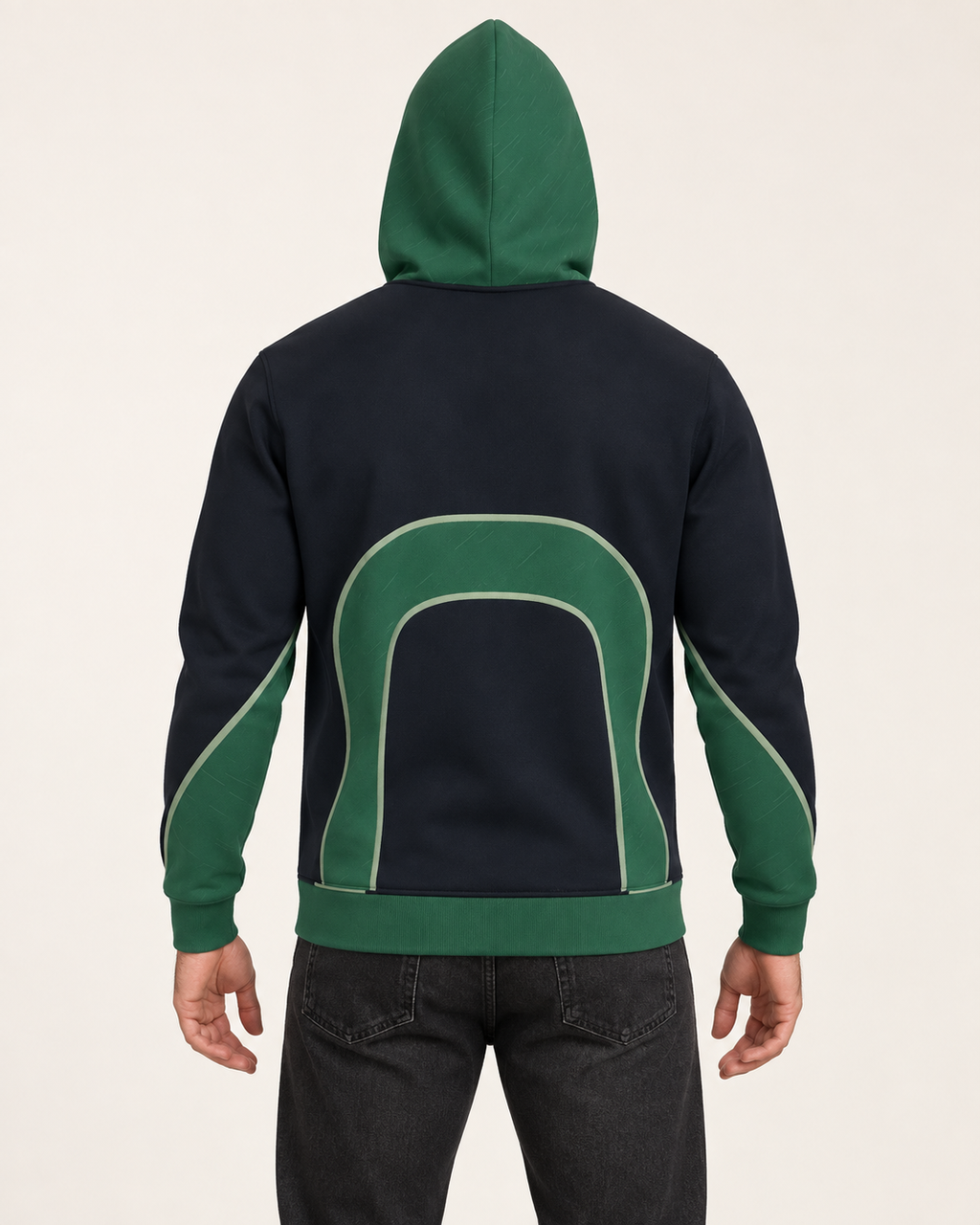 Ink Malachite Vault Nero Ponte Hoodie back view — AI-generated styling illustration
