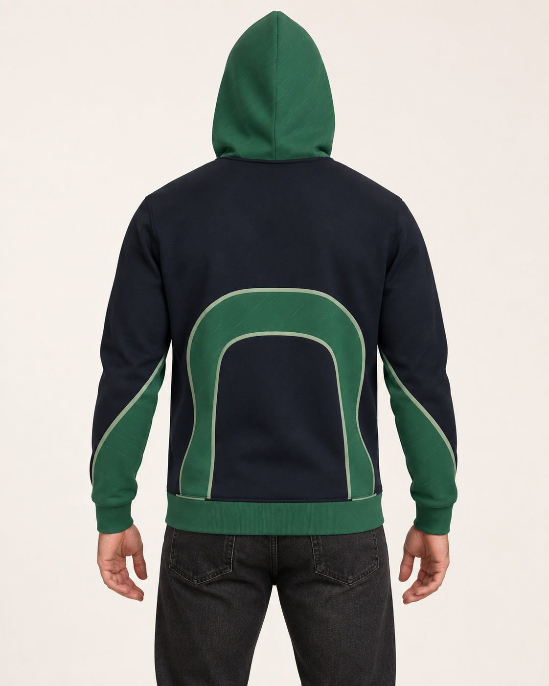 Ink Malachite Vault Nero Ponte Hoodie back view — AI-generated styling illustration