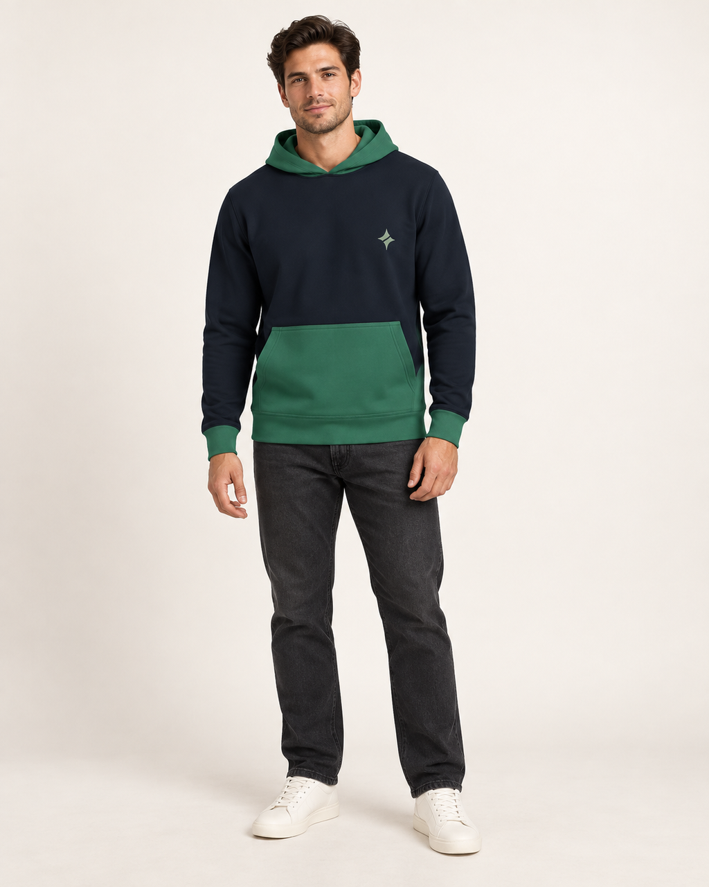 Ink Malachite Vault Nero Ponte Hoodie full-body styling view — AI-generated styling illustration