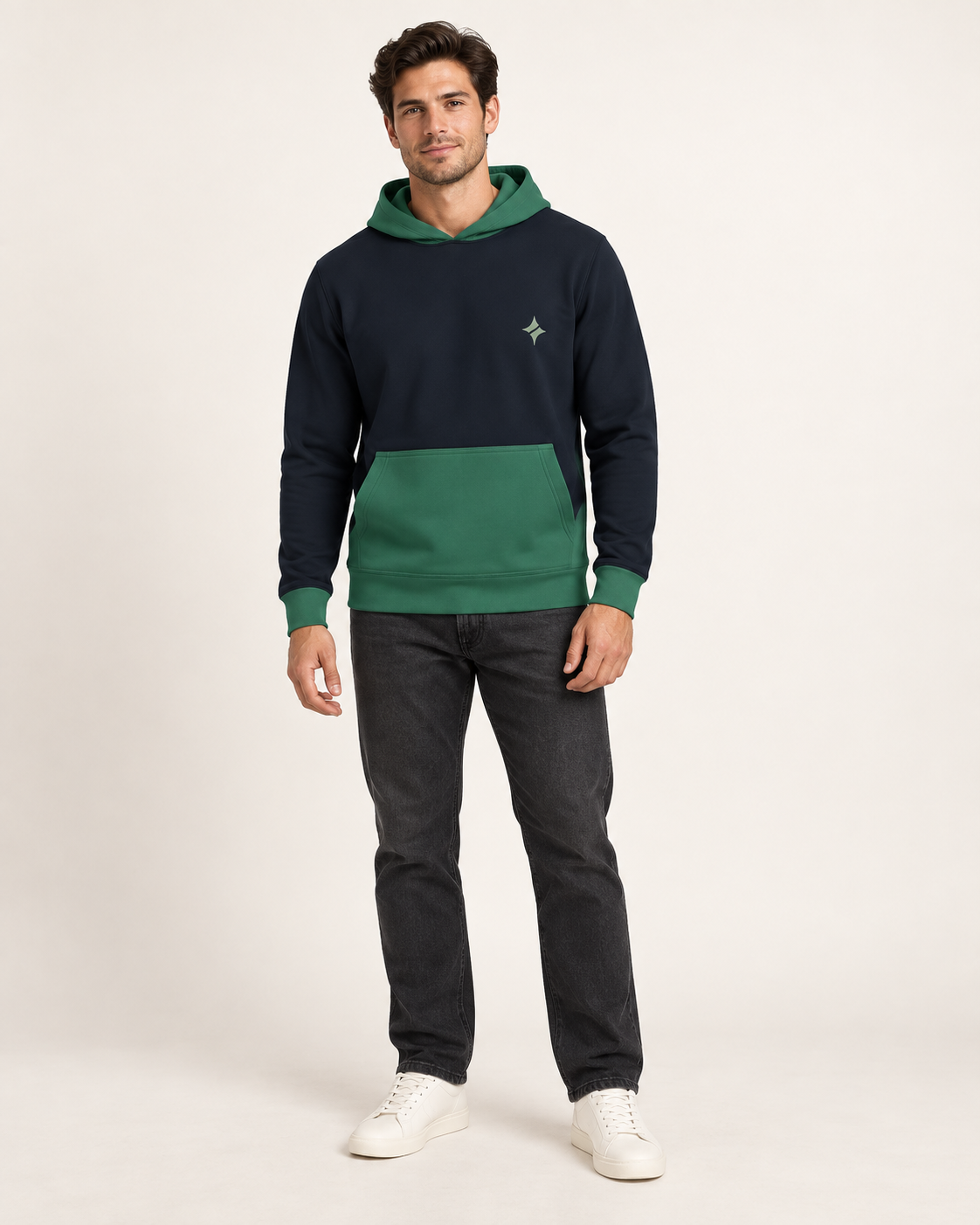 Ink Malachite Vault Nero Ponte Hoodie full-body styling view — AI-generated styling illustration