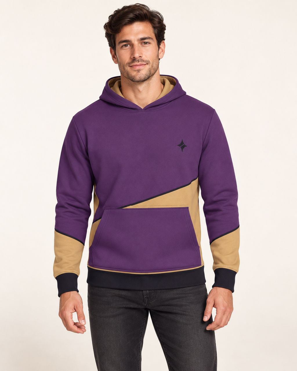 Plum Camel Arc Nero Ponte Hoodie front view — AI-generated styling illustration