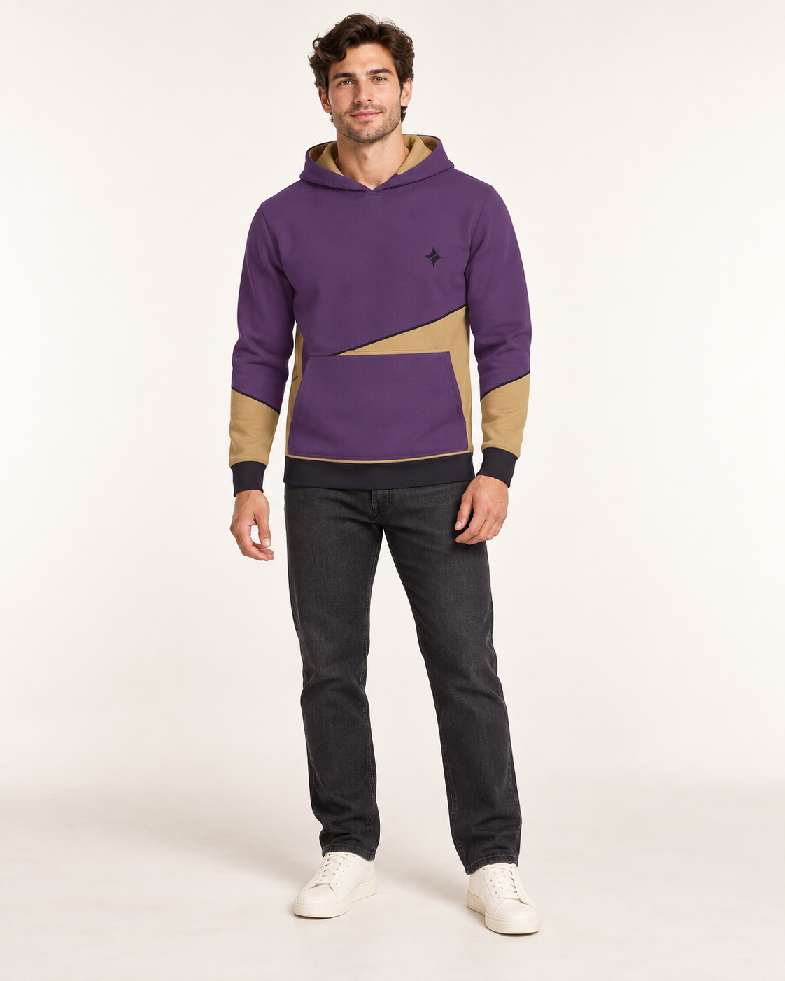 Plum Camel Arc Nero Ponte Hoodie full-body styling view — AI-generated styling illustration