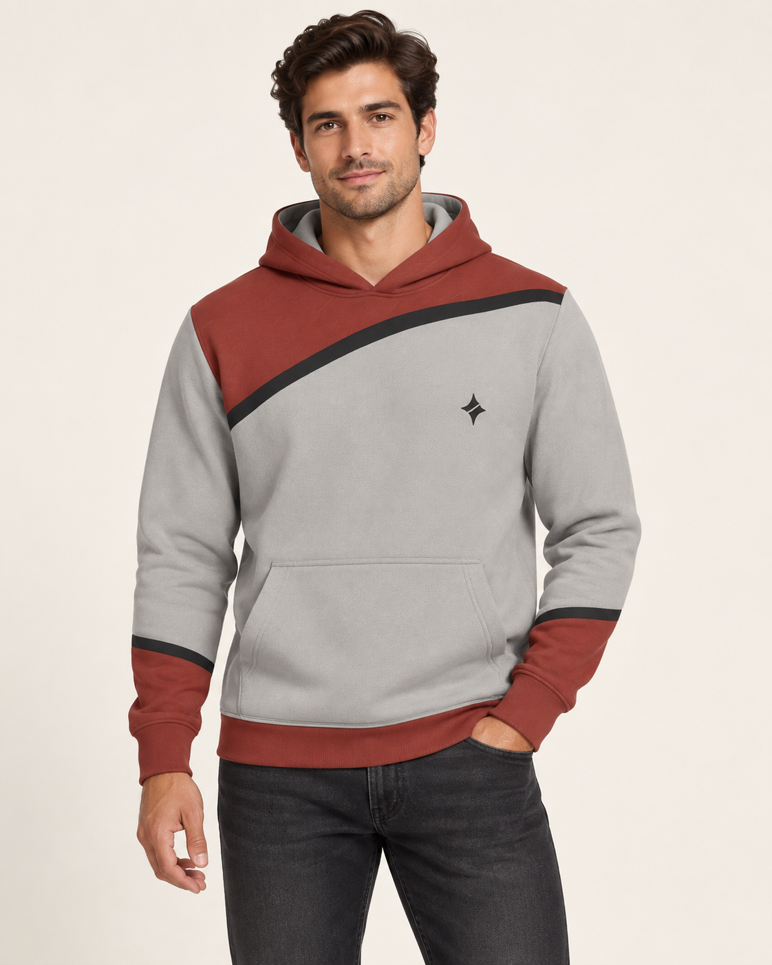 Dove Paprika Oblique Nero Ponte Hoodie front view — AI-generated styling illustration