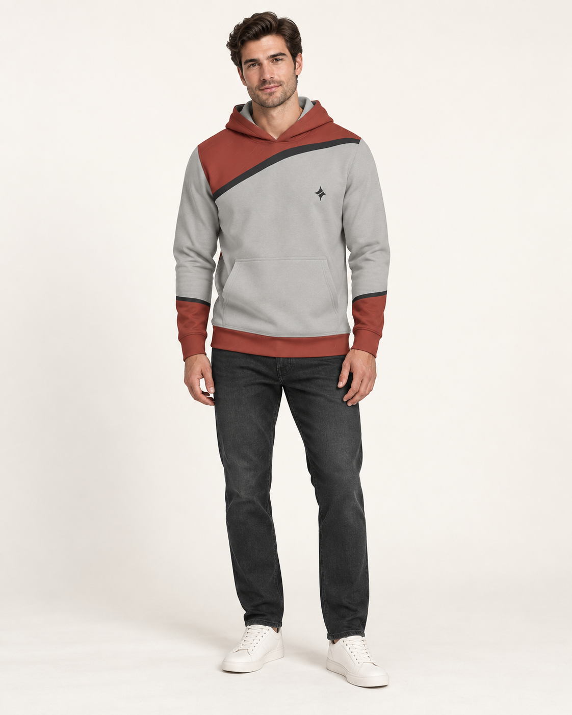 Dove Paprika Oblique Nero Ponte Hoodie full-body styling view — AI-generated styling illustration