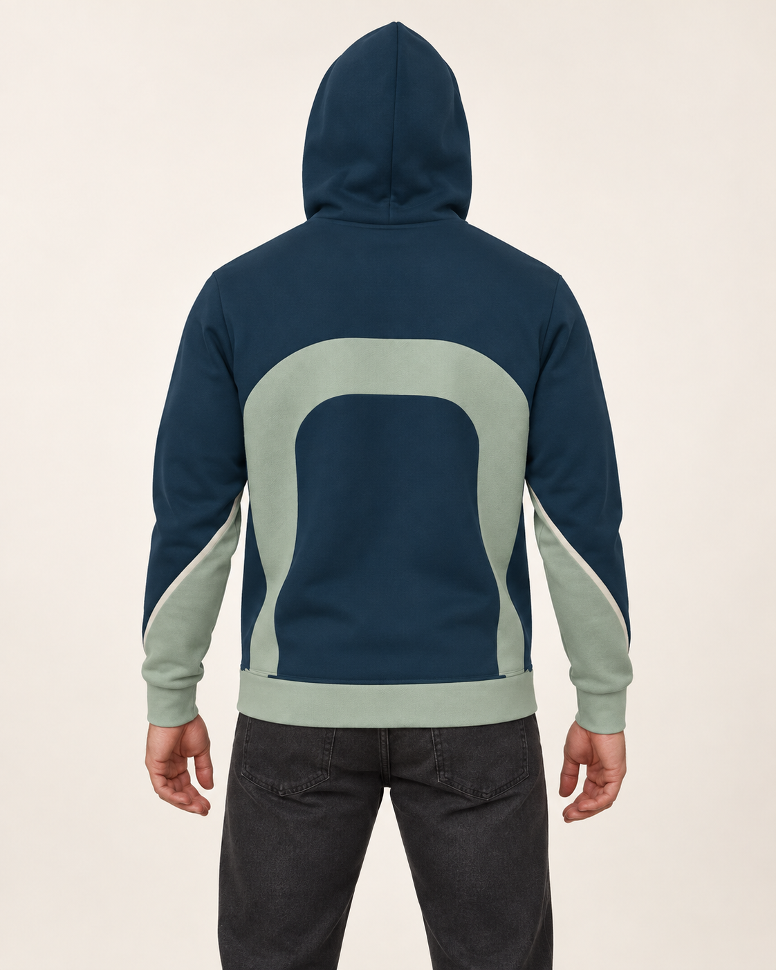 Prussian Celadon Vault Nero Ponte Hoodie back view — AI-generated styling illustration