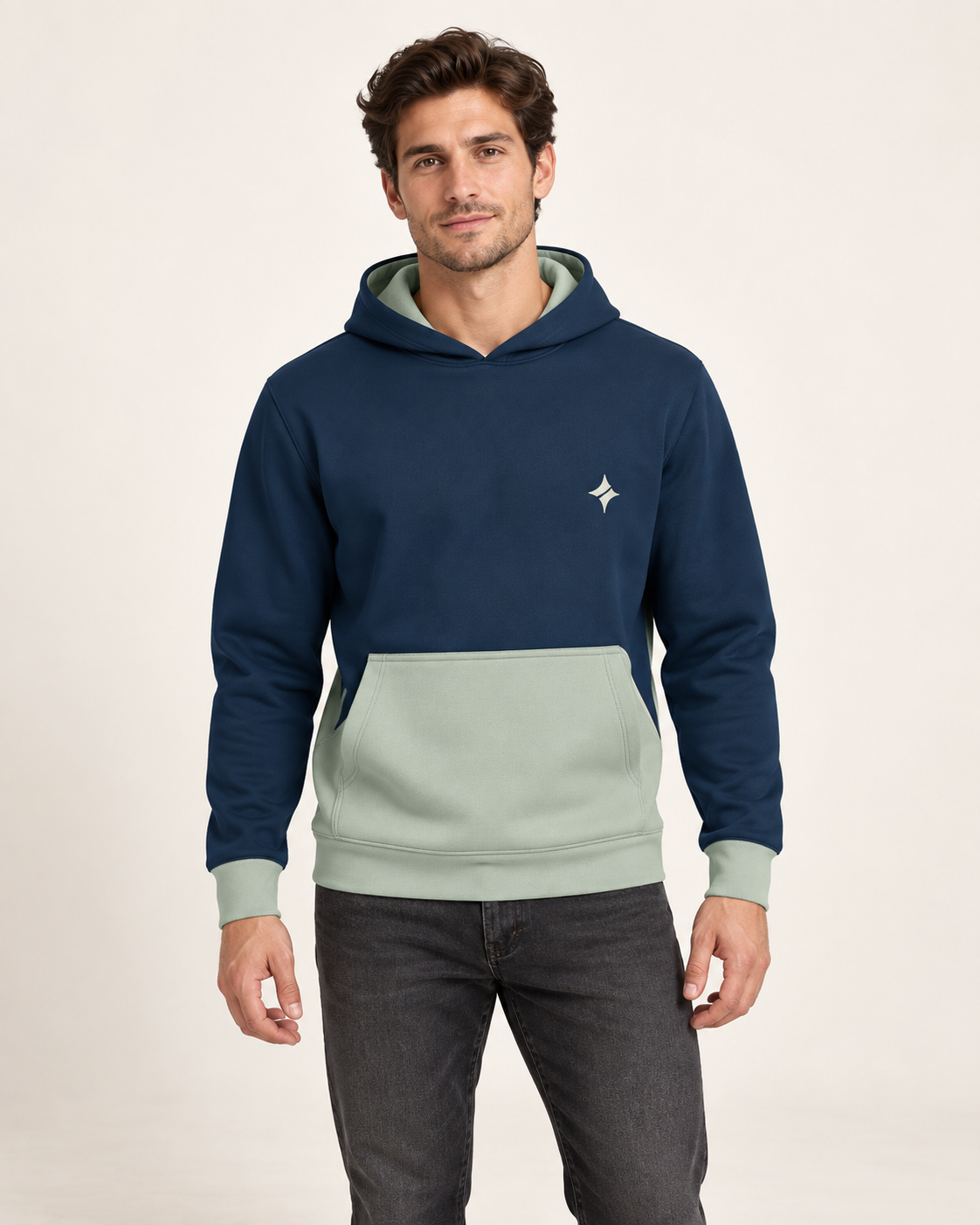 Prussian Celadon Vault Nero Ponte Hoodie front view — AI-generated styling illustration