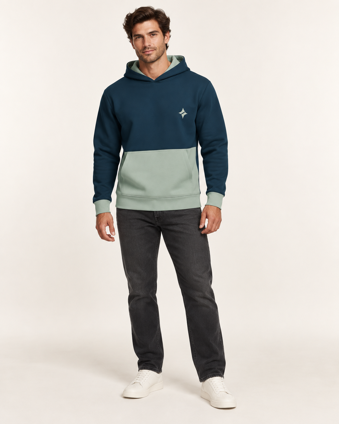Prussian Celadon Vault Nero Ponte Hoodie full-body styling view — AI-generated styling illustration