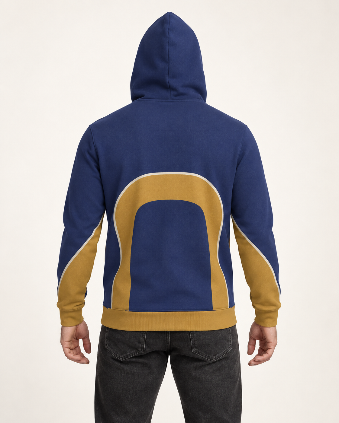 Indigo Ochre Vault Nero Ponte Hoodie back view — AI-generated styling illustration