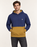 Indigo Ochre Vault Nero Ponte Hoodie front view — AI-generated styling illustration