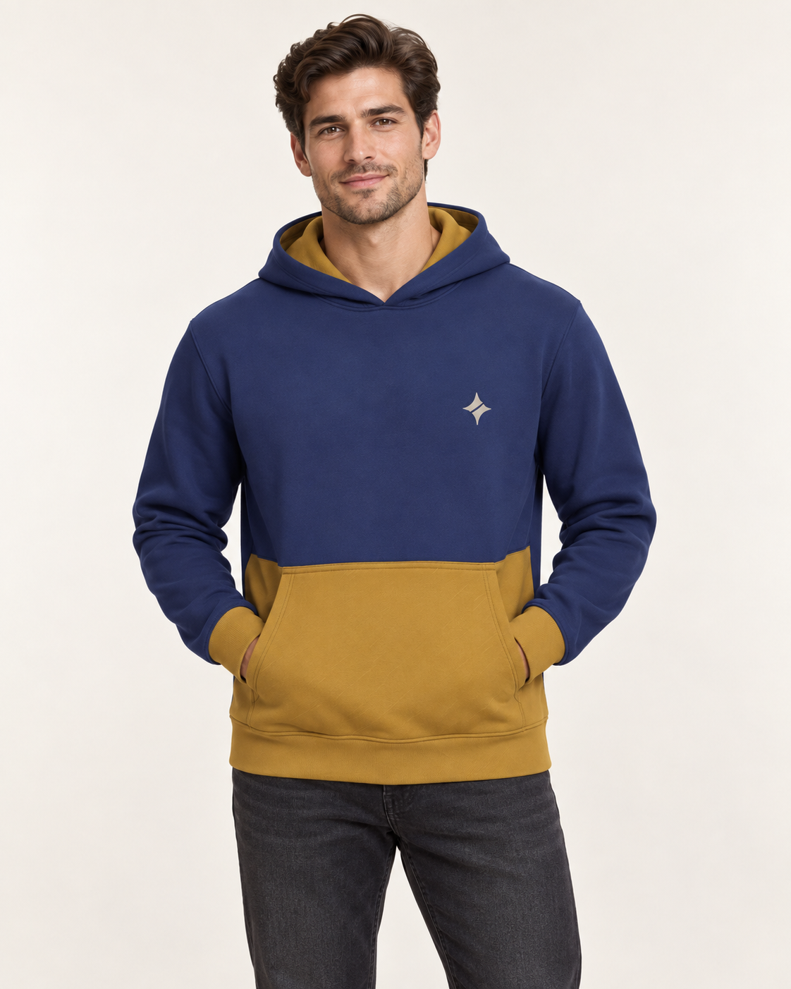 Indigo Ochre Vault Nero Ponte Hoodie front view — AI-generated styling illustration