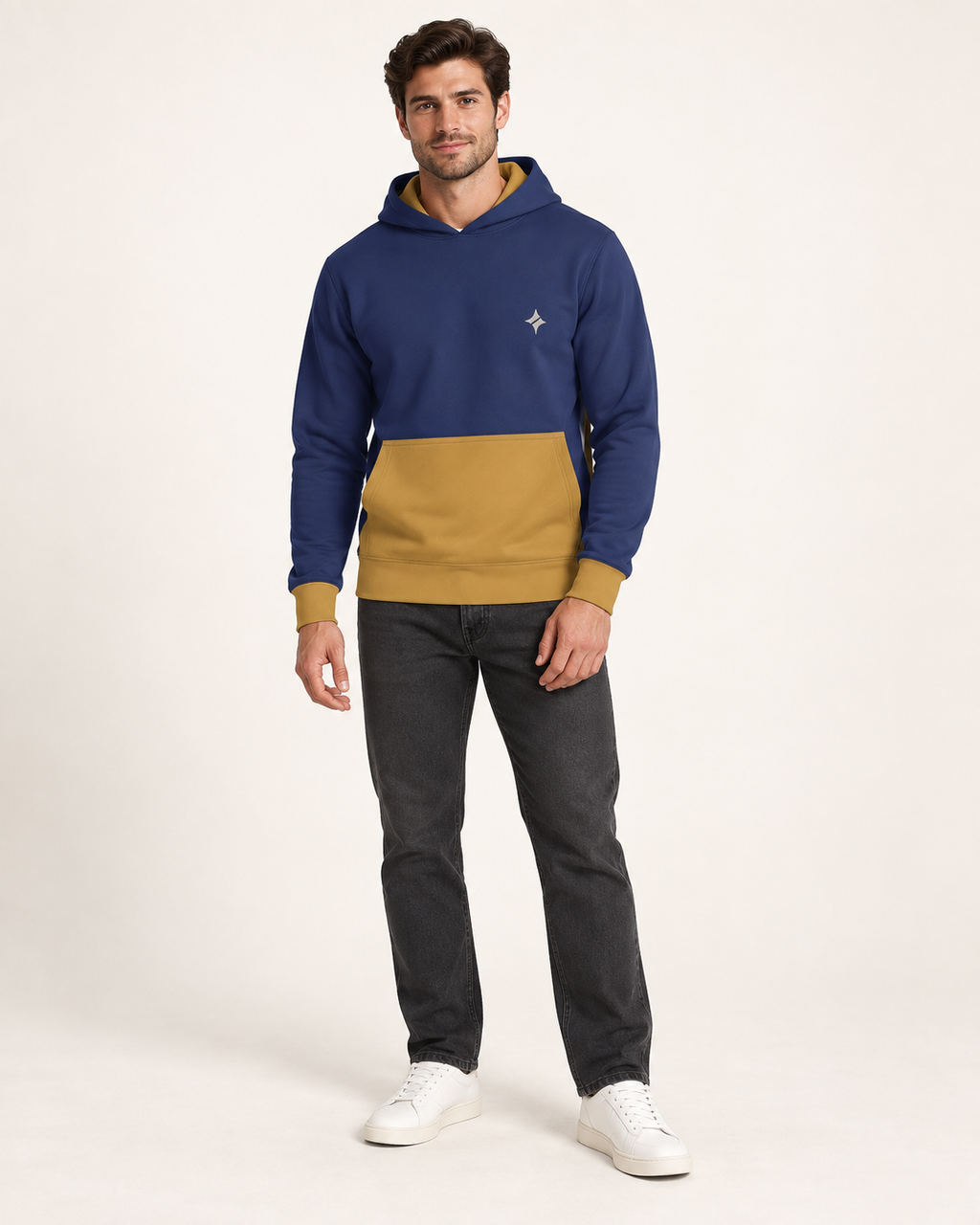 Indigo Ochre Vault Nero Ponte Hoodie full-body styling view — AI-generated styling illustration
