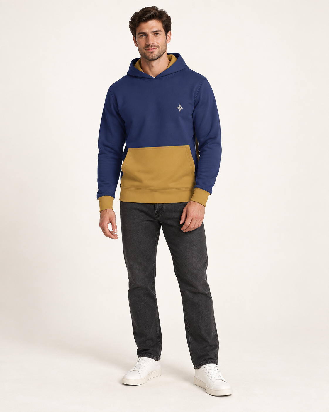 Indigo Ochre Vault Nero Ponte Hoodie full-body styling view — AI-generated styling illustration