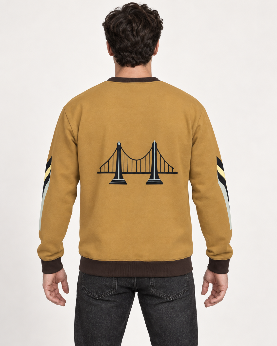 honey espresso span men's sweatshirt back view. AI-generated digital styling illustration.
