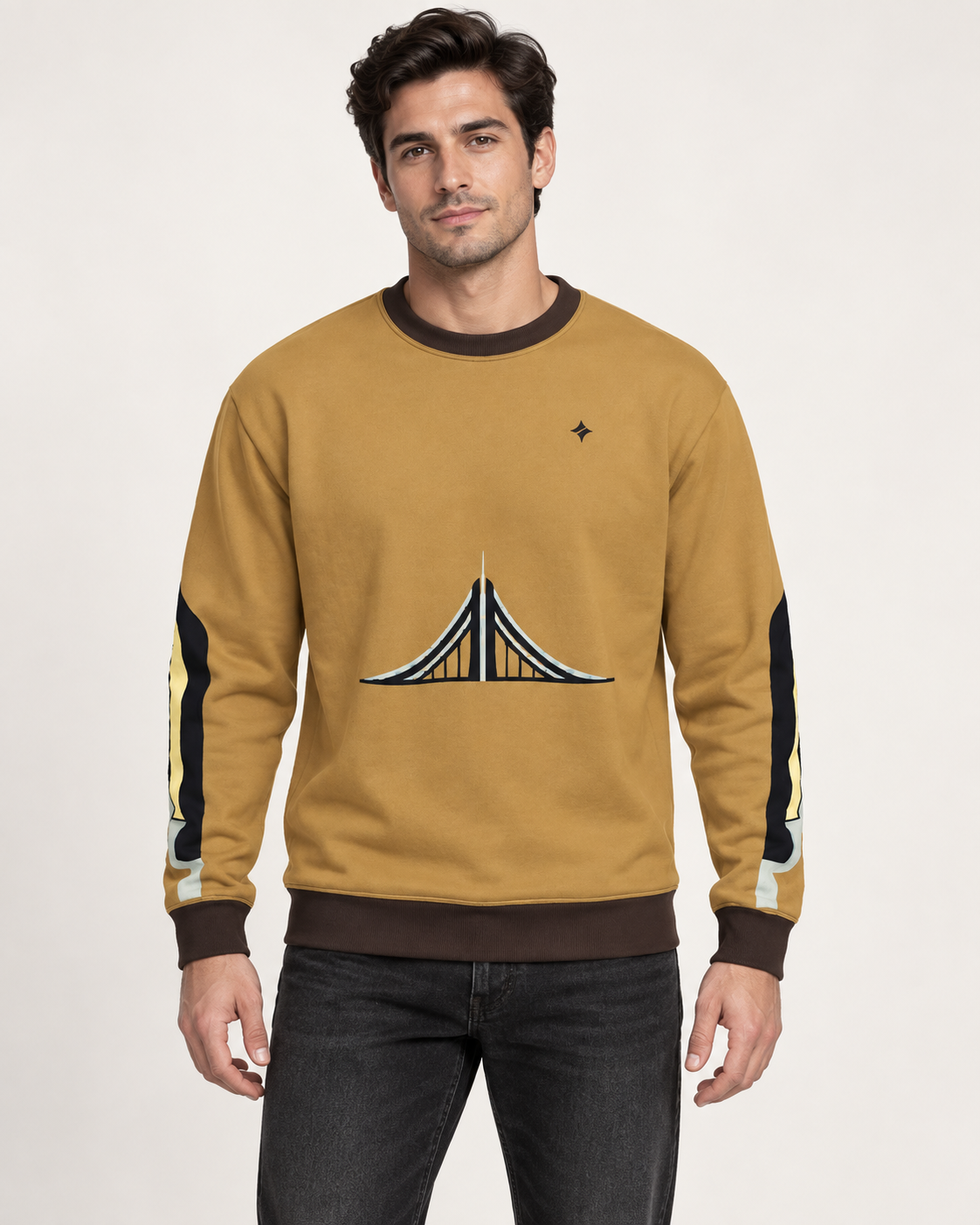 honey espresso span men's sweatshirt front view. AI-generated digital styling illustration.