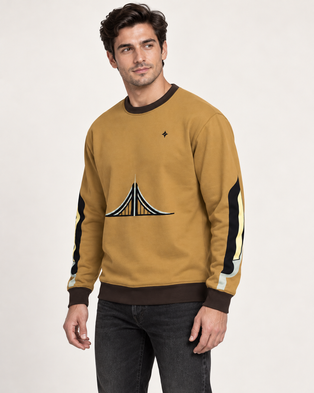 honey espresso span men's sweatshirt side view. AI-generated digital styling illustration.