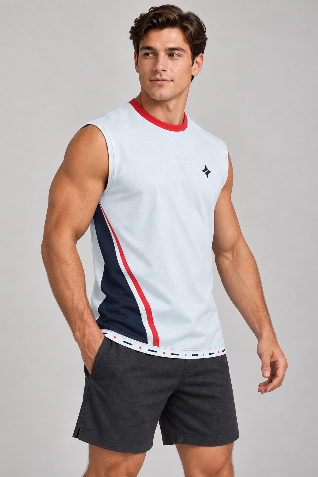 Ice Signal sleeveless cotton T-shirt – side on-model styling illustration