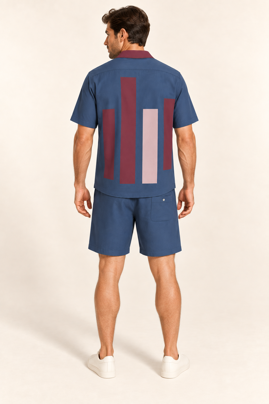 Indigo Rosewood cotton satin shirt and shorts set, back model view. AI-generated styling illustration.