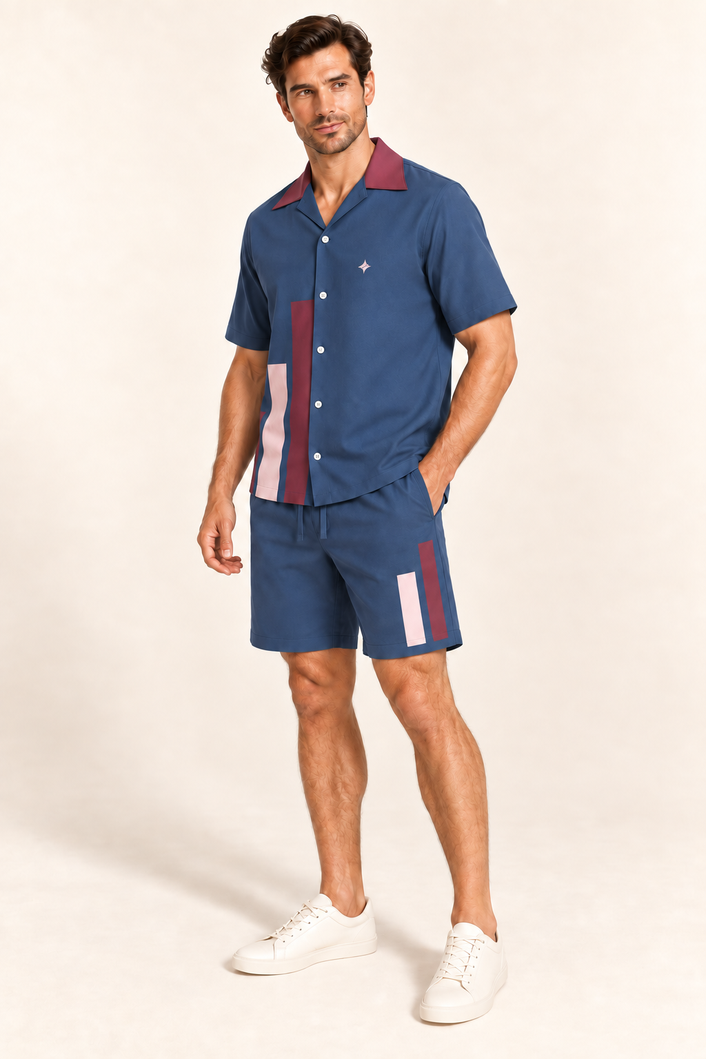 Indigo Rosewood cotton satin shirt and shorts set, side model view. AI-generated styling illustration.