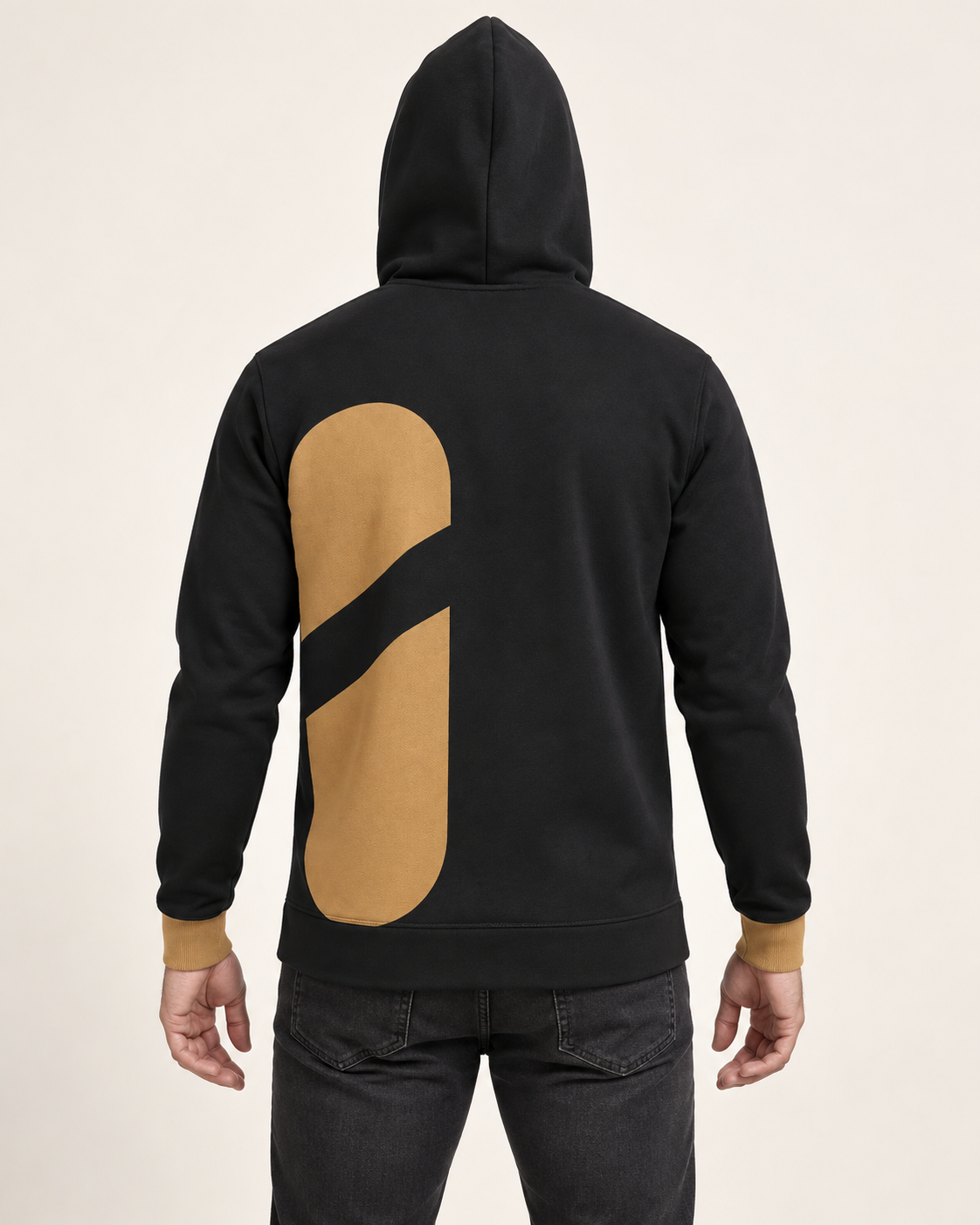 Ink Amber Capsules Nero Ponte Hoodie, back on-model AI styling illustration