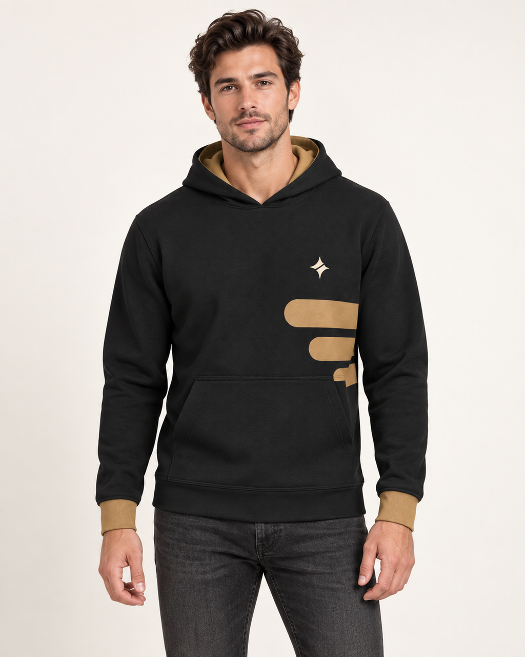 Ink Amber Capsules Nero Ponte Hoodie, front on-model AI styling illustration