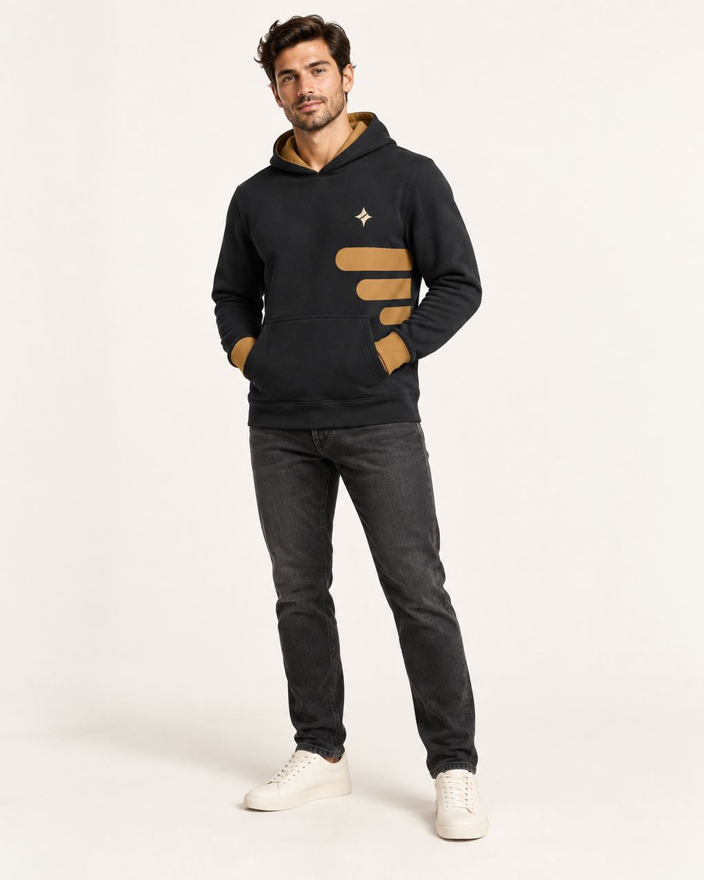 Ink Amber Capsules Nero Ponte Hoodie, fullbody on-model AI styling illustration