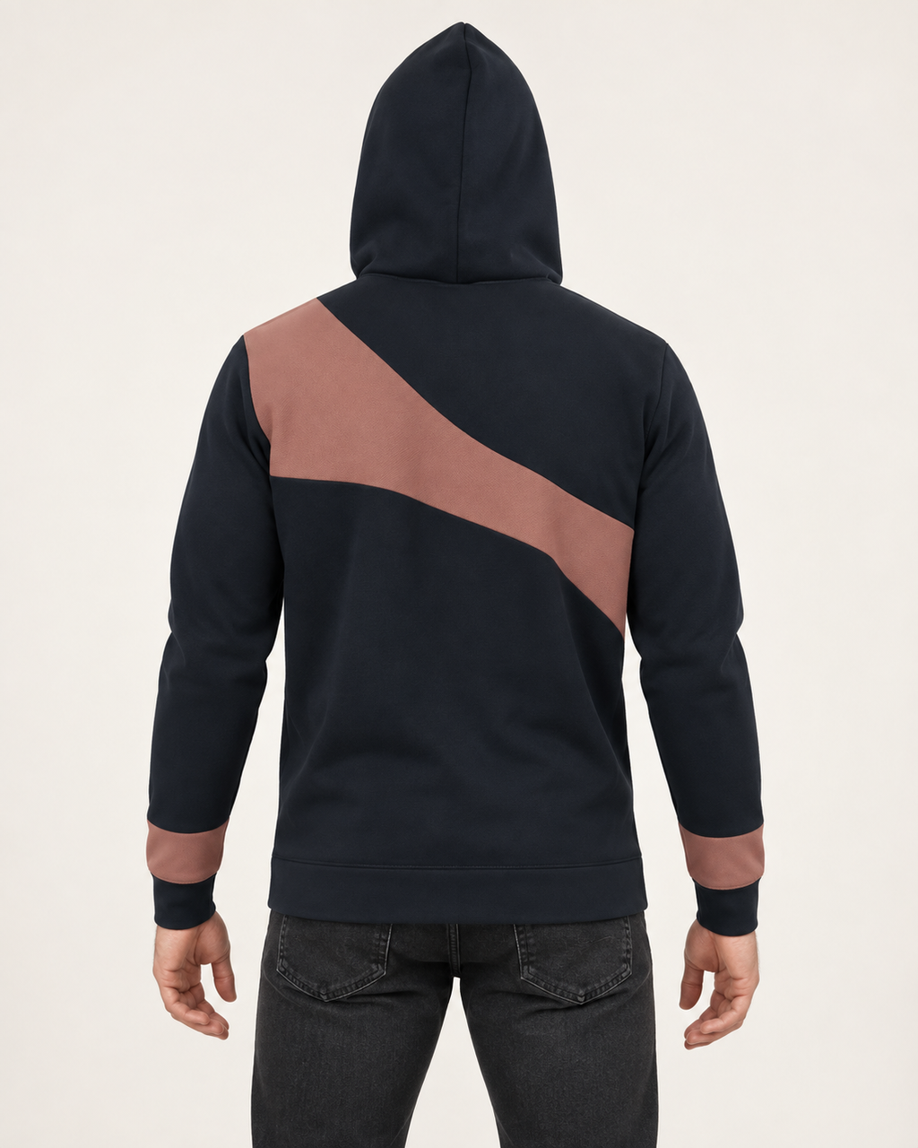 Ink Coral Pavilion Nero Ponte Hoodie, back on-model AI styling illustration