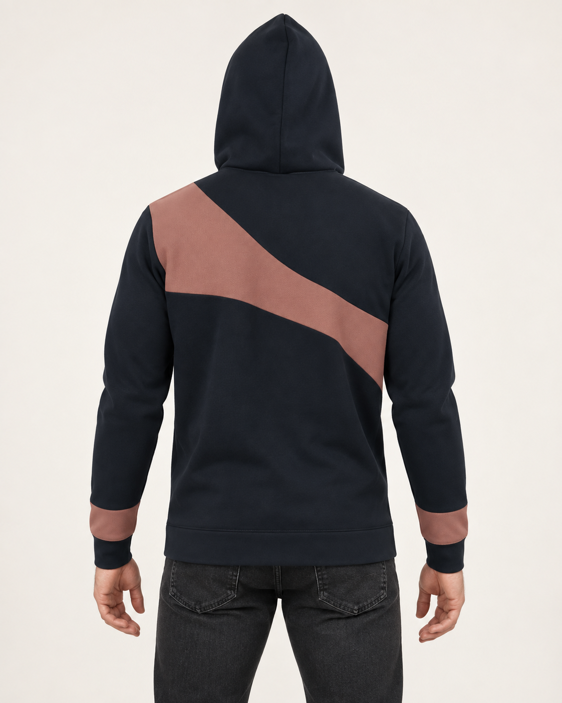 Ink Coral Pavilion Nero Ponte Hoodie, back on-model AI styling illustration