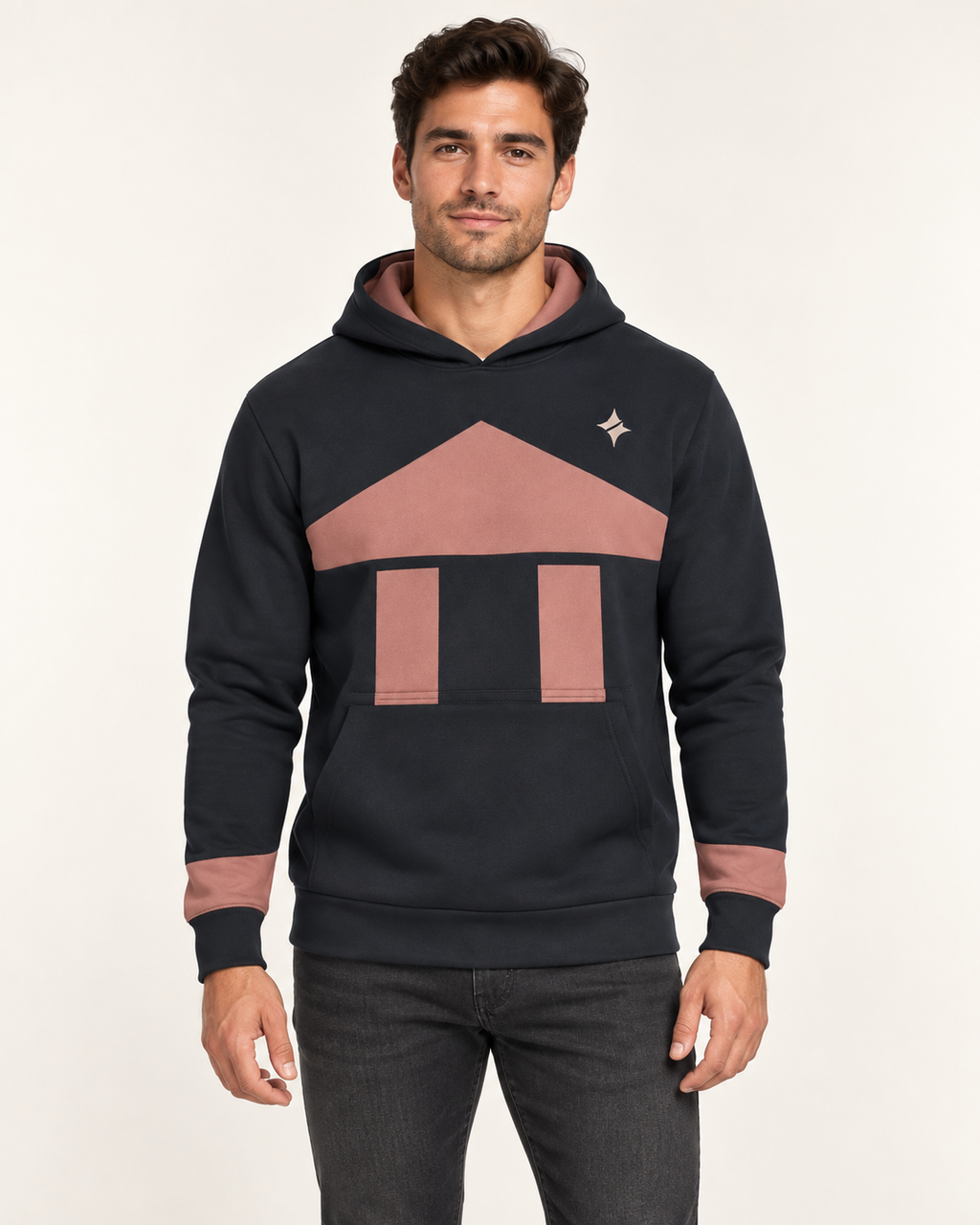 Ink Coral Pavilion Nero Ponte Hoodie, front on-model AI styling illustration