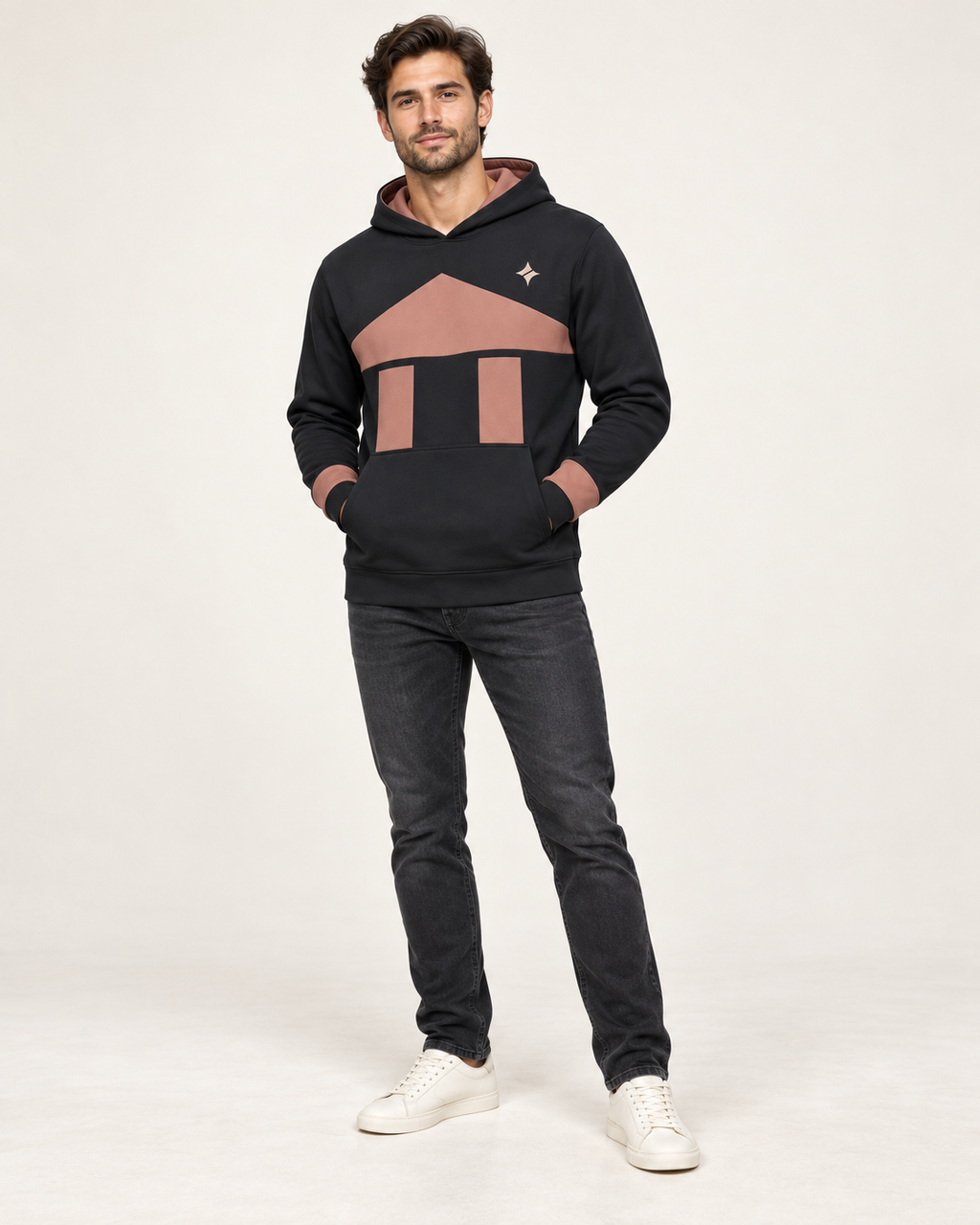 Ink Coral Pavilion Nero Ponte Hoodie, fullbody on-model AI styling illustration