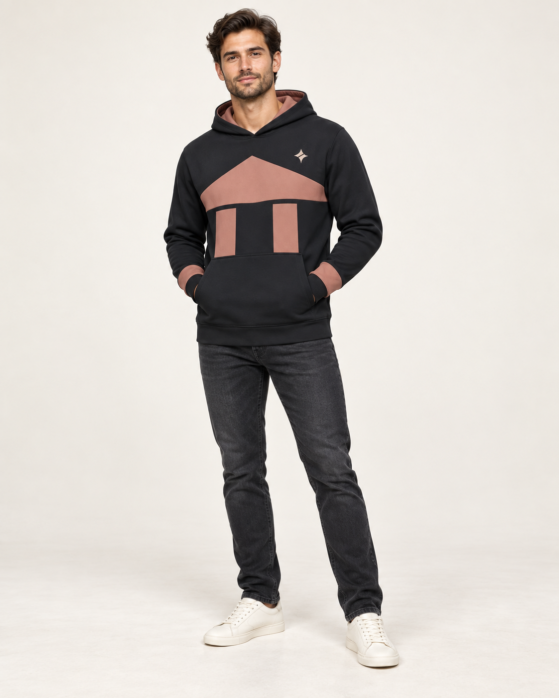 Ink Coral Pavilion Nero Ponte Hoodie, fullbody on-model AI styling illustration