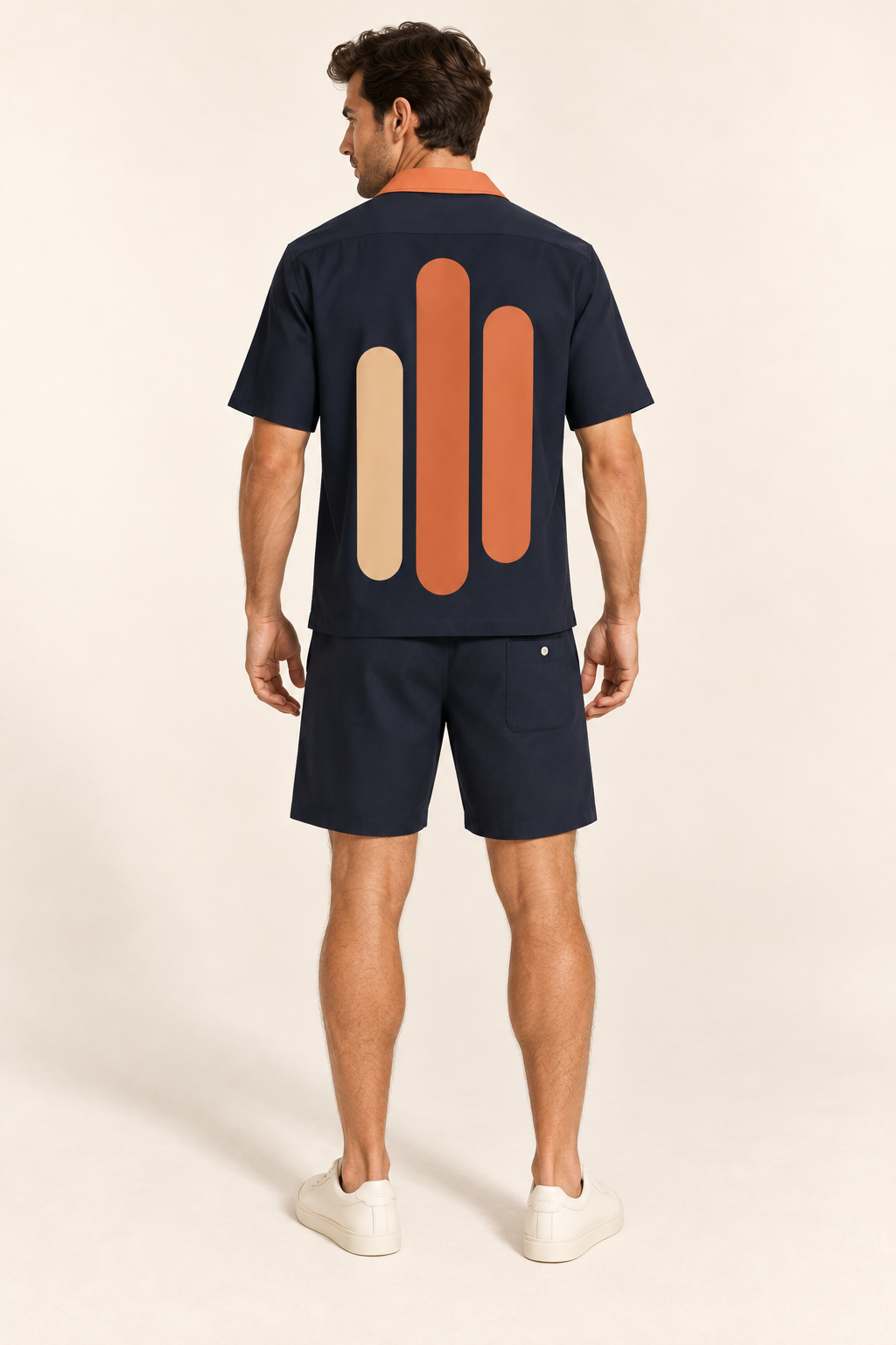 Ink Papaya cotton satin shirt and shorts set, back model view. AI-generated styling illustration.