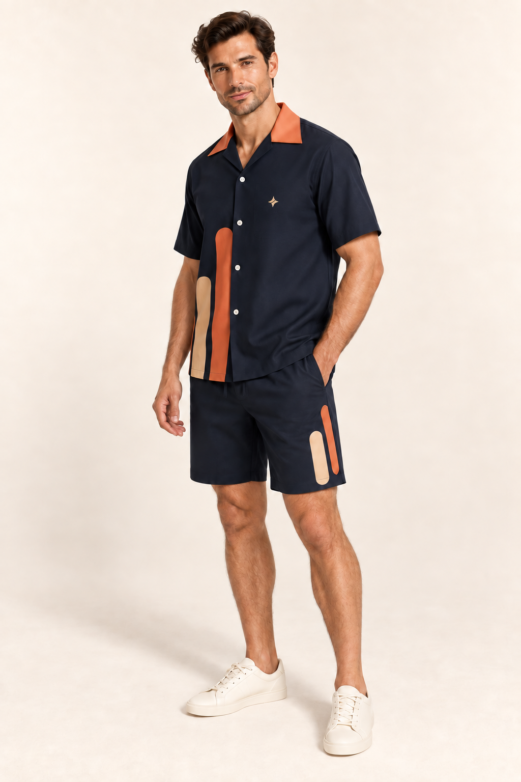 Ink Papaya cotton satin shirt and shorts set, side model view. AI-generated styling illustration.