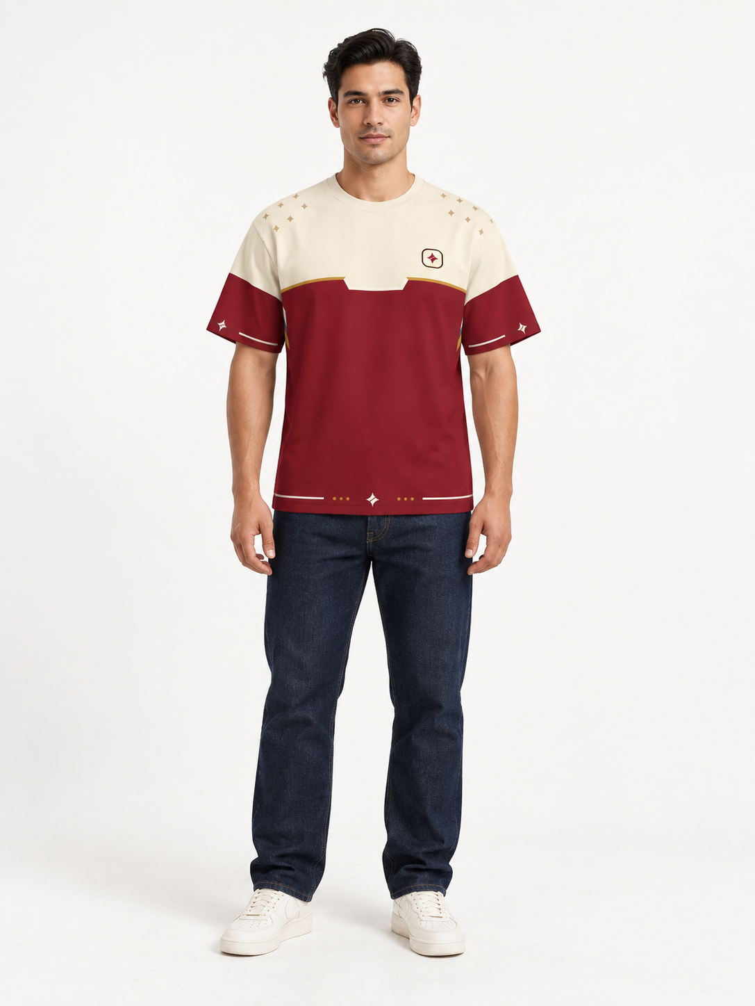 Ivory Crimson Frame Boxy Cotton T-Shirt — front model styling illustration