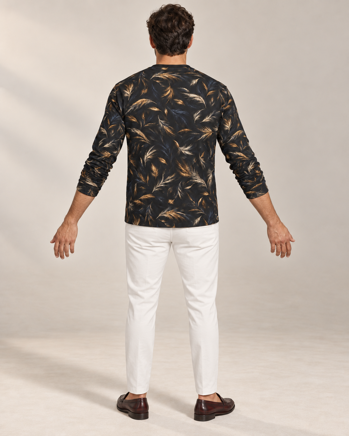 Ivory Eagle Luxury Long Sleeve T-Shirt by UNIKCOSA, rear with arms extended view with white tailored trousers and cherry-brown loafers — AI-generated model illustration