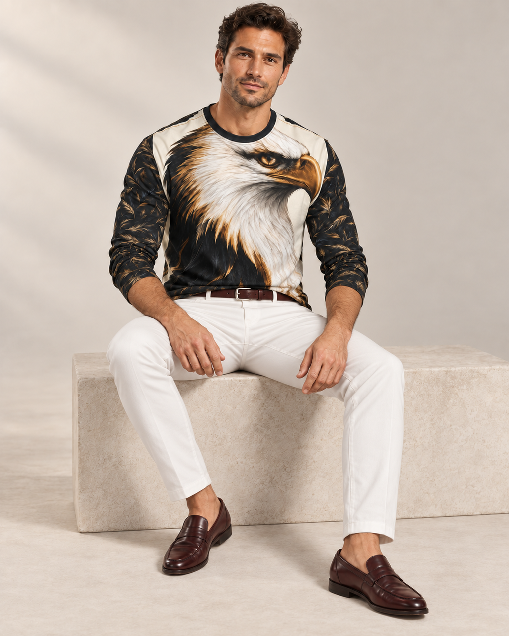 Ivory Eagle Luxury Long Sleeve T-Shirt by UNIKCOSA, seated view with white tailored trousers and cherry-brown loafers — AI-generated model illustration