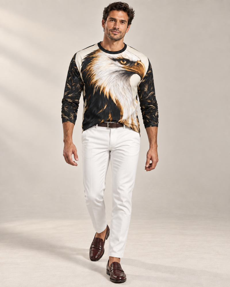 Ivory Eagle Luxury Long Sleeve T-Shirt by UNIKCOSA, front walking view with white tailored trousers and cherry-brown loafers — AI-generated model illustration