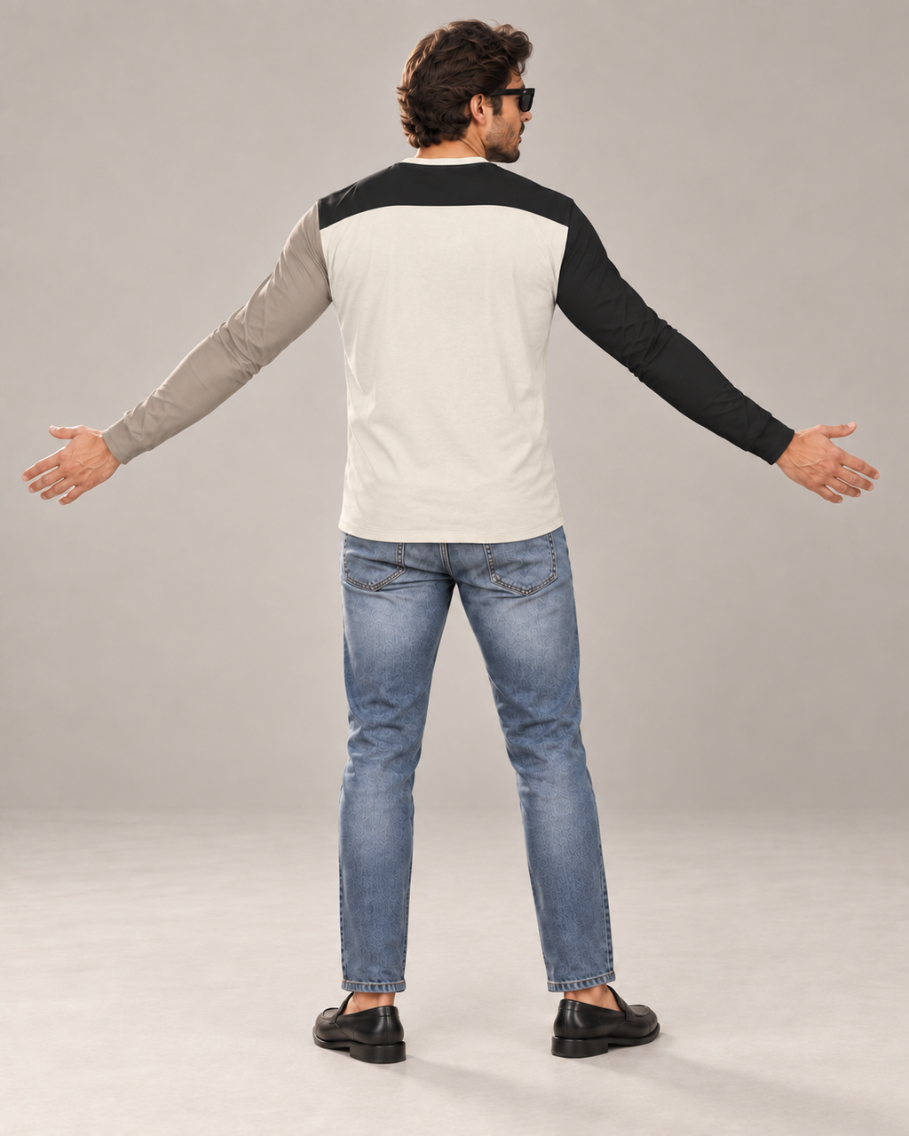 Ivory Mosaic Luxury Bounce Cotton Long Sleeve T-Shirt by UNIKCOSA, back view with arms spread wide in a plain indoor studio — AI styling visual