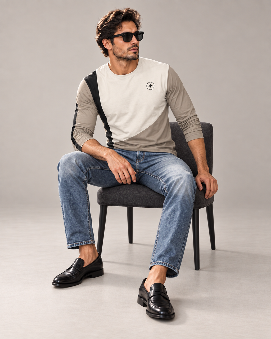 Ivory Mosaic Luxury Bounce Cotton Long Sleeve T-Shirt by UNIKCOSA, seated with sleeves styled on a plain stone-grey background — AI styling visual