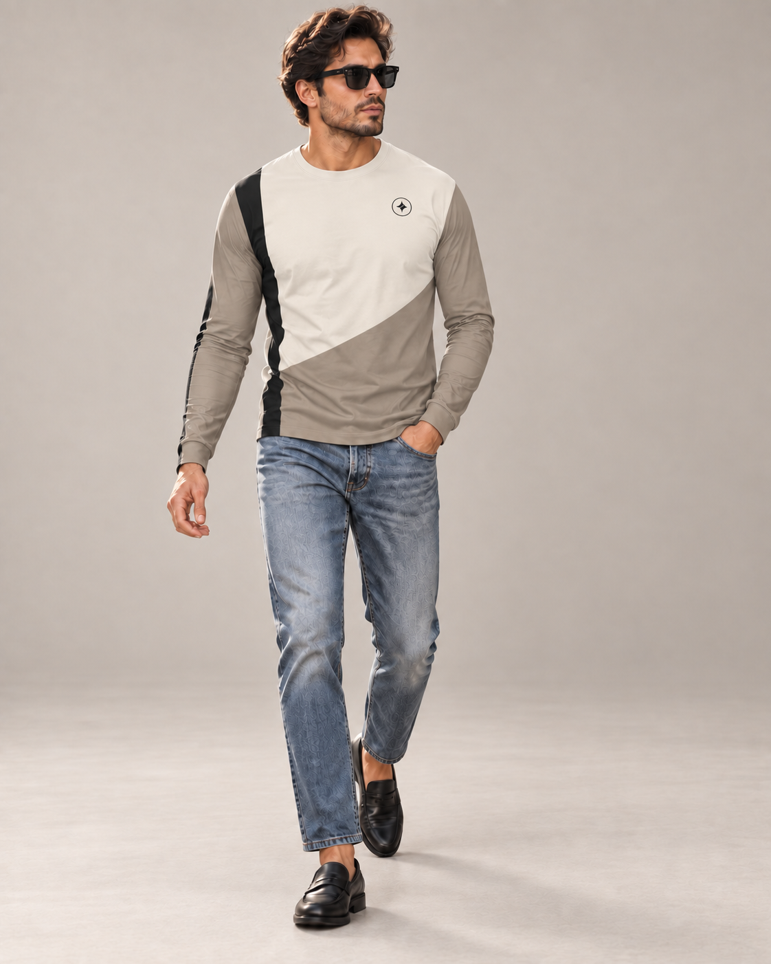 Ivory Mosaic Luxury Bounce Cotton Long Sleeve T-Shirt by UNIKCOSA, walking in a plain indoor studio with straight jeans and black loafers — AI styling visual