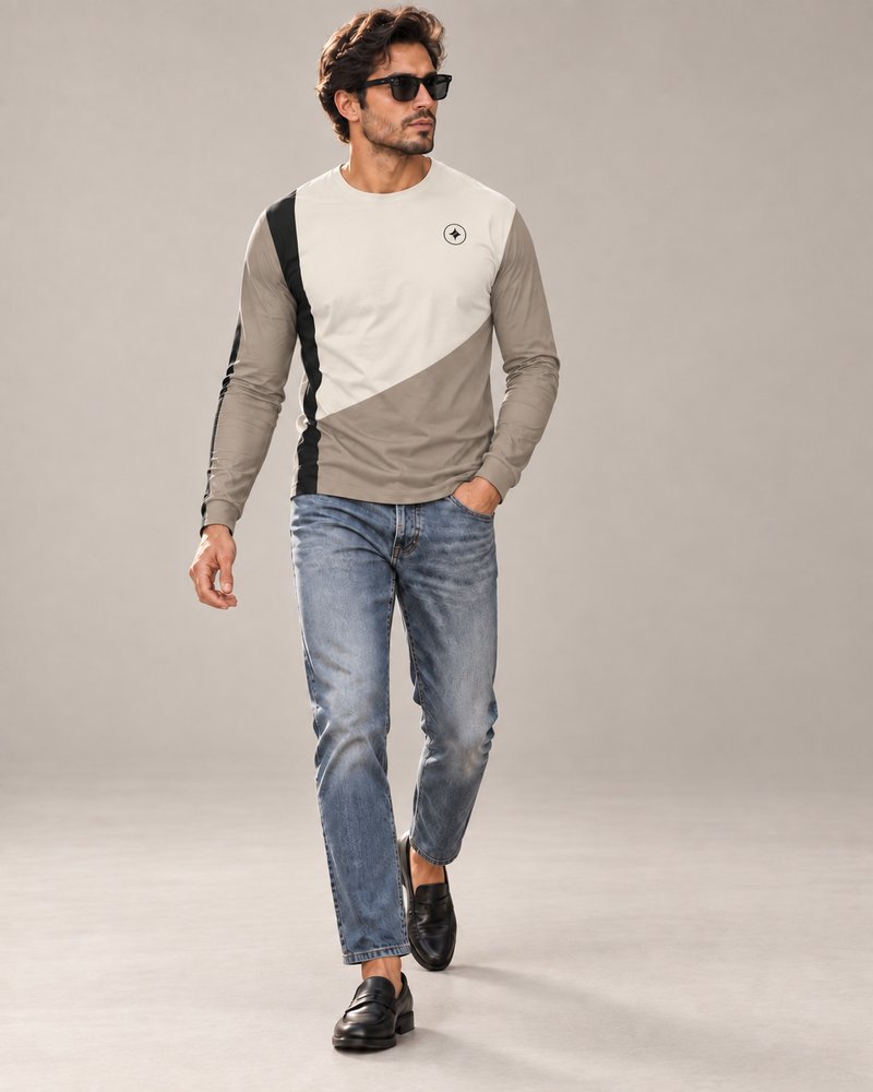 Ivory Mosaic Luxury Bounce Cotton Long Sleeve T-Shirt by UNIKCOSA, walking in a plain indoor studio with straight jeans and black loafers — AI styling visual