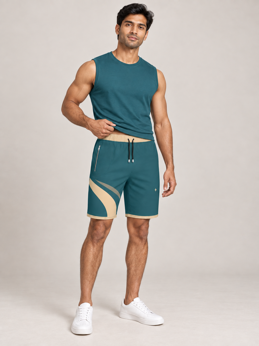 AI-generated styling illustration: adult male wearing UNIKCOSA Lagoon Dune Flow shorts with a coordinated fitted sleeveless top, gently lifting its hem to show the waistband.