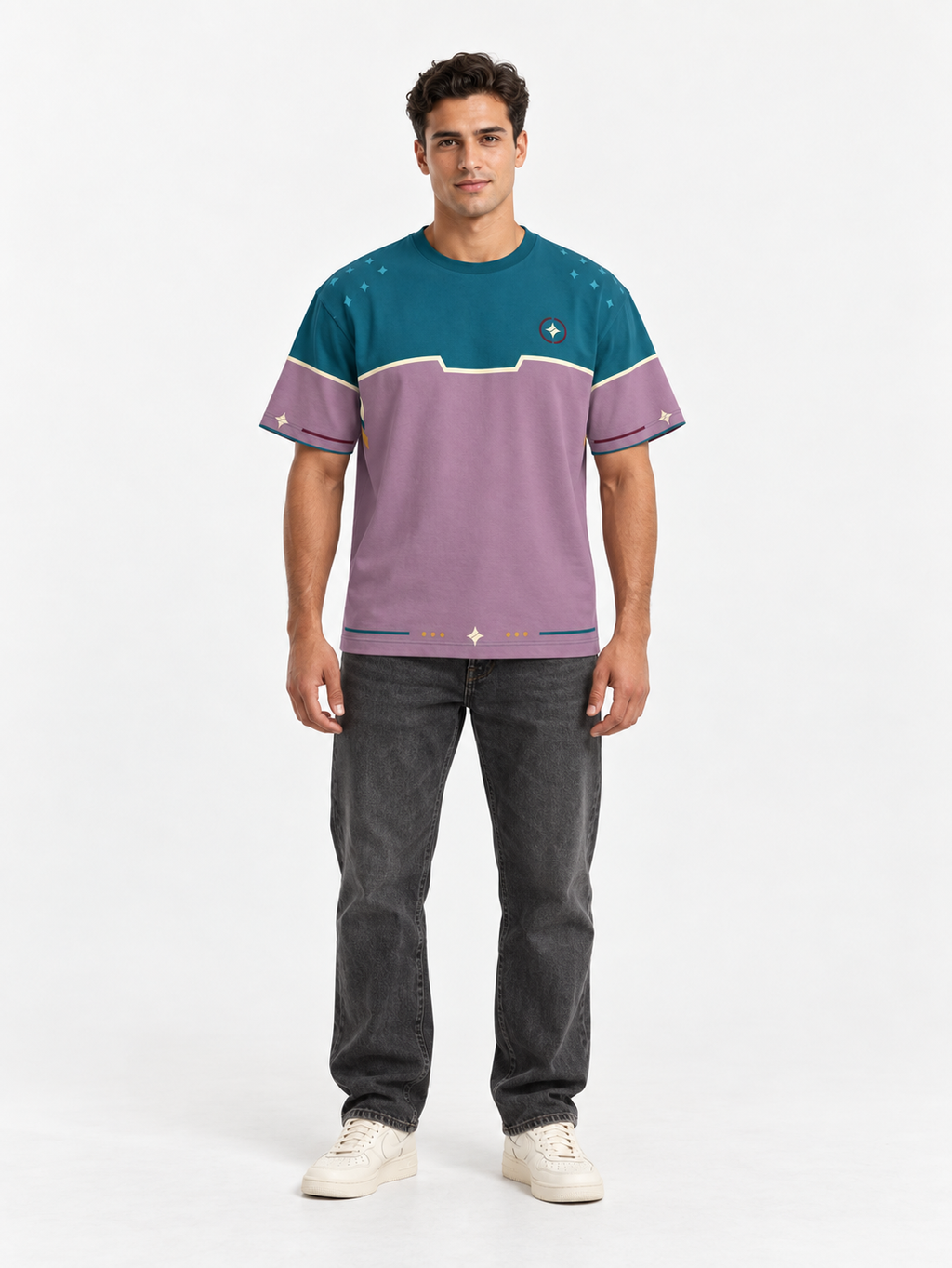 Lagoon Orchid Boxy Cotton T-Shirt — front model styling illustration