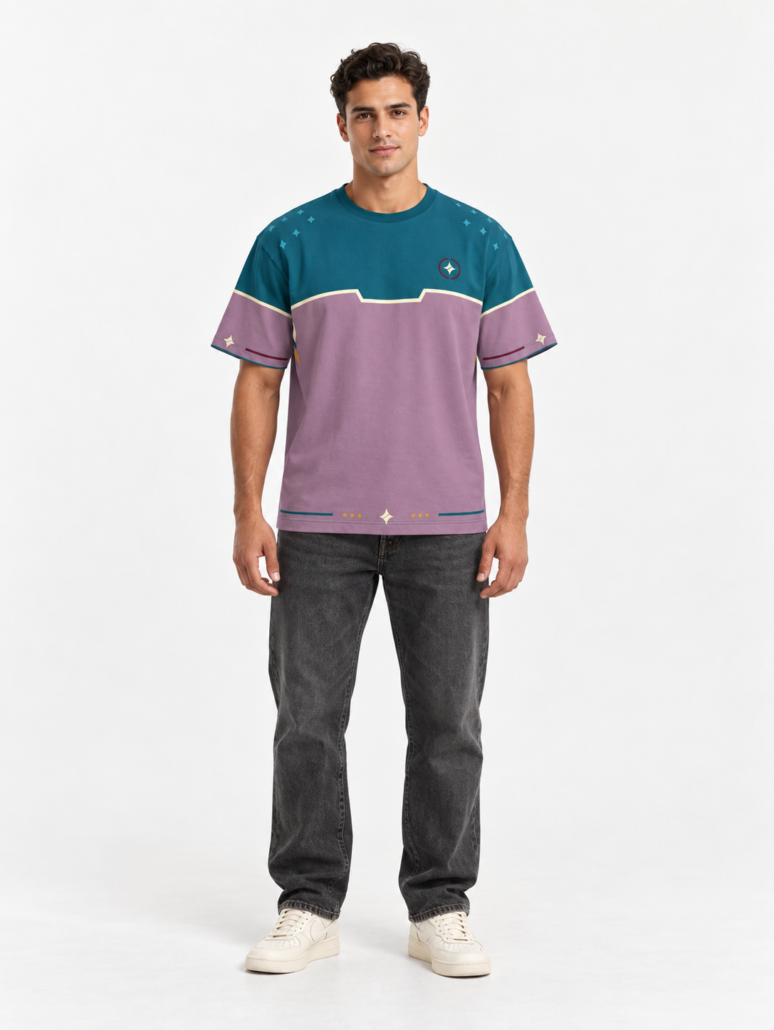 Lagoon Orchid Boxy Cotton T-Shirt — front model styling illustration